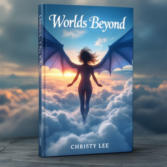 A dynamic scene showcasing a vast sea of clouds stretching across the horizon. In the foreground, the silhouette of a teen girl with wild curls is prominently displayed, gliding gracefully across the sky. Her dragon wings are expansive, casting gentle shadows onto the clouds below, while a subtle glow emanates from them, enhancing the sense of mysticism and wonder.