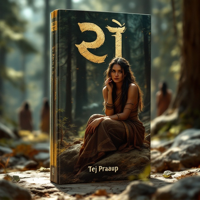 A beautifully tragic scene, featuring a young tribal woman with delicate features and long flowing hair, sitting with a melancholic expression on a weathered rock. Her traditional attire is adorned with subtle, earthy patterns, harmonizing with the dense pine forest that surrounds her. The forest is depicted with deep greens and browns, with dappled sunlight filtering through the trees, casting soft shadows that add depth and emotion to the scene. In the background, faint silhouettes of other tribal figures can be seen, depicting a sense of community and shared struggle.