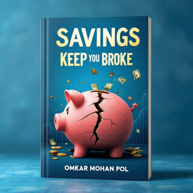 A large, cracked piggy bank at the center, with dollar bills and coins spilling out from the cracks, symbolizing the idea of saving without growth. The background is a vibrant blue with subtle textures, creating a sense of depth and intrigue. A faint image of a graph showing upward trends is integrated into the background, adding an element of financial success and breakthrough.