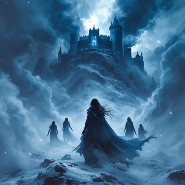 A dark, ominous sky looms over a snowy landscape, swirling with tendrils of smoke that form shadowy creatures emerging from the ground. In the foreground, Kira stands determinedly, her cloak billowing and the Midnight Shard glowing faintly around her neck. The silhouettes of her companions can be seen in the background, their faces a mix of determination and apprehension. The fortress of Nyx, engulfed in dark smoke, looms imposingly at the top, casting an eerie shadow over the land.
