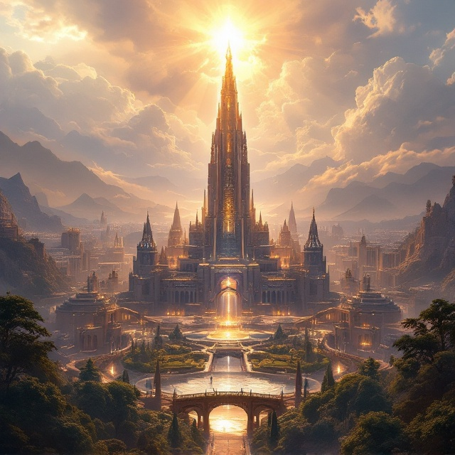 The cover features a sprawling, majestic cityscape bathed in pastel hues with an ethereal aged filter. At its center stands a towering structure, radiating a brilliant light that casts an enchanting glow over the city. Surrounding this tower are lush gardens and graceful bridges arching elegantly. Wispy clouds and distant mountains enhance the sense of grandeur and adventure.