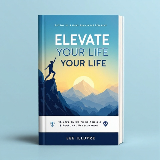 A person is shown climbing a mountain on the left side, with a dynamic pose that conveys determination and action. The backdrop features a gradient sky transitioning from blue at the top to golden yellow at the bottom. A stylized sun is rising behind the mountain. Small icons like a light bulb, heart, gears, and a checkmark are placed along the bottom of the cover, enhancing the theme of personal growth.