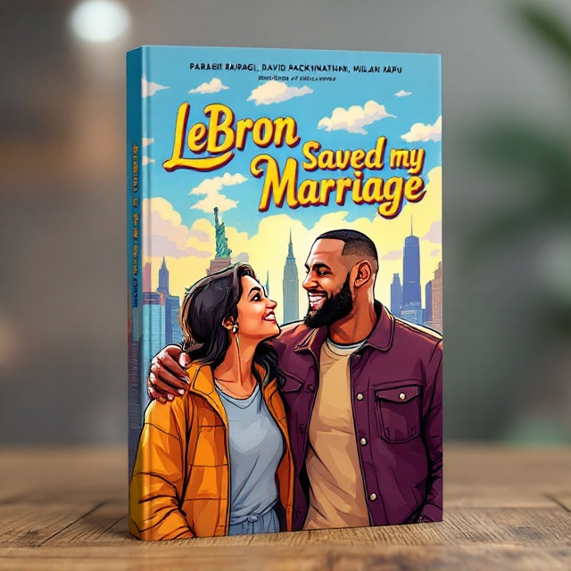 standing book mockup, Its title is "LeBron Saved My Marriage". Its author name is Parash Bairagi, David Packianathan, Milan Hapu.  A cartoon-style cover featuring a stylized skyline of New York City in the background with the iconic Statue of Liberty and tall skyscrapers. In the foreground, a white man and an Indian girl are standing side by side, gazing into each other's eyes with expressions that capture a blend of love, care, and a hint of resentment. Standing beside them with an arm around each of their shoulders is a cartoonish depiction of LeBron James smiling broadly. The scene is vibrant and colorful, capturing an array of emotions — love, anger, joy, and sadness — reflecting the twists and turns of their romantic journey. A bold and playful script font for the book title "LeBron Saved My Marriage" that is easy to read yet stylish, adding a whimsical charm to the cover. The authors' names, "Parash Bairagi, David Packianathan, Milan Hapu," are presented in a clean and modern sans-serif font, ensuring clarity and focus., The title is situated at the top of the cover, arched slightly to frame the New York skyline. The characters are positioned centrally with LeBron James slightly taller than the couple, emphasizing his savior role in the story. The authors' names are placed at the bottom in a horizontal line, balancing the visual weight of the cover.