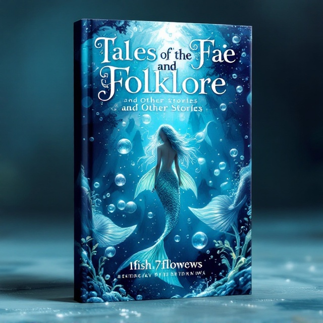 standing book mockup, Its title is "Tales of the Fae and Folklore and Other Stories BOOK 1". Its author name is 1fish7flowerws.  The cover features an enchanting scene of mermaids gracefully swimming through a sea of frothing bubbles. The background is a deep, mystical blue, with shimmering light filtering through the water, creating a magical ambiance. The mermaids are illustrated with intricate details and ethereal qualities, their tails glistening with iridescent scales. A play of light and shadow creates depth, drawing the viewer's eye towards the center where a particularly curious mermaid peers through swirling bubbles. The book title is presented in an elegant serif font with ornate, decorative embellishments that suggest fantasy and magic. The font has a slightly whimsical touch, with swashes and flowing lines that blend seamlessly into the aquatic scene. The author's name is placed below in a clean, modern sans-serif font, ensuring legibility against the dynamic background., The title is positioned at the top of the cover, arching slightly to mimic the curvature of a bubble. The main image of the mermaids occupies the center, with the frothing bubbles and light rays radiating outwards. The author's name is neatly aligned at the bottom, centered to maintain balance.