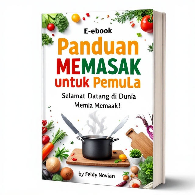 A clean, white background with a vibrant illustration of fresh ingredients like vegetables, herbs, and spices, arranged in a circular pattern around a central professional chef's knife and a cutting board. In the center, a warm-toned pot with steam symbolizes a welcoming kitchen atmosphere. A subtle watermark pattern of kitchen utensils adds depth.
