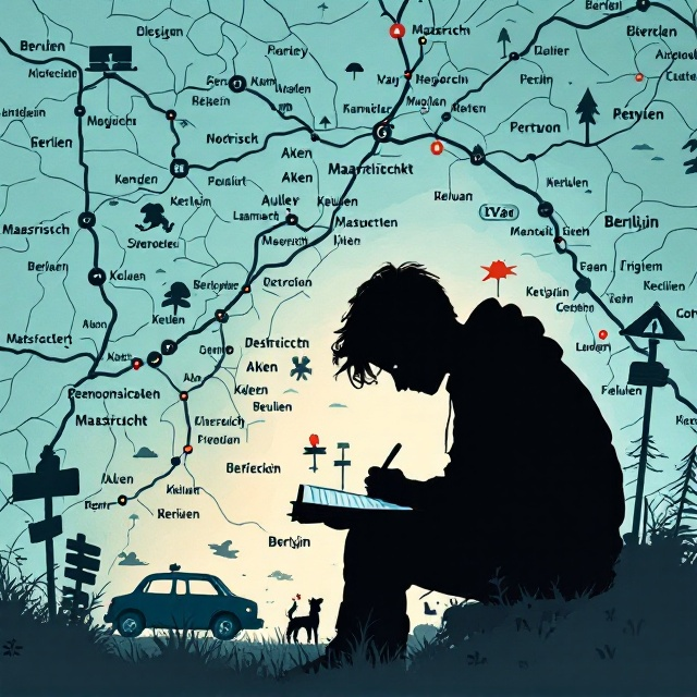 A background featuring a detailed route map with marked cities Maastricht, Aken, Keulen, and Berlijn. In the foreground, a large silhouette of a teenage boy, Ivan, sits center-stage, hunched over, writing in a notitieboek. Emerging from this book are dynamic, whimsical illustrations of a car, a playful dog, and creative road signposts, suggesting adventure and discovery. The map’s lines subtly weave into the emerging illustrations, creating a sense of movement and exploration.