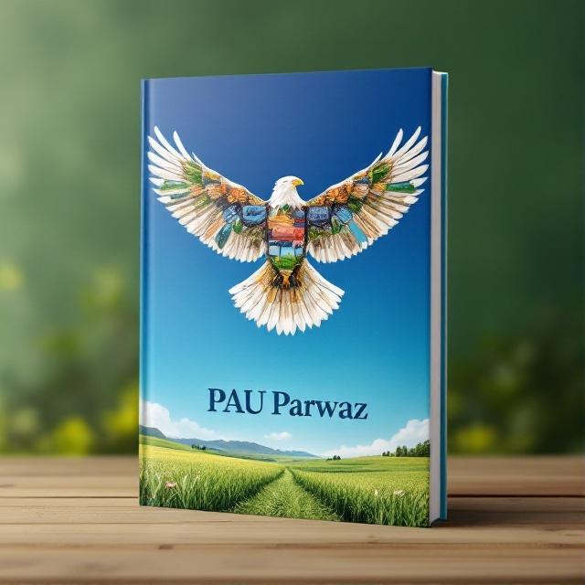 The cover features a majestic eagle soaring across the sky, its form created through a collage of vibrant and detailed images representing various elements of agricultural technology. The background is a subtle gradient from deep blue at the top to a lush green at the bottom, symbolizing the sky and the earth.
