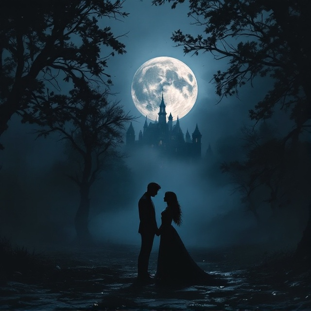 A dark and mysterious scene set under a foggy night sky; a couple stands facing each other dramatically. Behind them is a large, glowing full moon partially obscured by mist, casting a soft, ethereal light that silhouettes the figures. Shadowy trees frame the sides of the scene, adding depth and a sense of secrecy, while a hint of an old mansion in the background suggests history and intrigue.