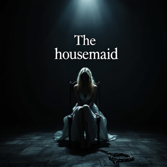 A dark, shadowy room with a blonde woman in a white dress sitting on an old, wooden chair. Her face is not visible, emphasizing anonymity and suspense. A single spotlight from above casts sharp light and dark contrasts, highlighting the woman and the thick chain attached to a metal ring on the floor. The background remains dim, adding to the sense of isolation and entrapment that pervades the scene.