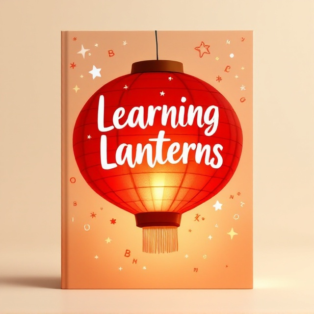 The cover features a large playful red lantern at the center with soft, glowing light emanating from it, providing a warm and inviting feel. Around the lantern, playful doodles of stars, letters, and numbers swirl whimsically to create a sense of creativity and magic. The background remains a light, soft beige to highlight the lantern and doodles.