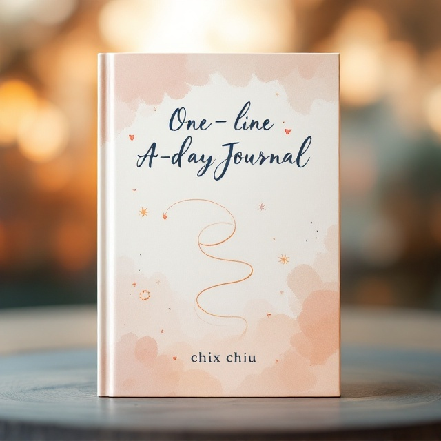A serene backdrop of a soft, blurred sunset is captured on the cover, symbolizing the passing of time. In the foreground, an elegantly drawn line spirals upward, representing the unfolding journey captured in the journal. Subtle watercolor strokes in pastel hues provide a calming ambiance, while delicate illustrations of small joys—like a smile, a heart, or a sun—are scattered around to emphasize life’s simple pleasures.