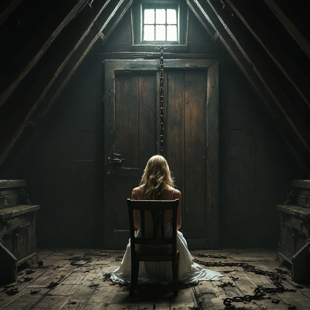 A dimly lit attic with wooden beams, casting elongated shadows across the space. In the foreground, a blonde woman in a white dress is seated on an old, worn chair. She is kneeling in front of a large, heavy wooden door. Her face is obscured by shadows, emphasizing anonymity. A thick, rusty chain connects her to the door, conveying a sense of being trapped. The only source of light is a small, dust-covered window in the attic, casting a delicate stream of light onto her figure.