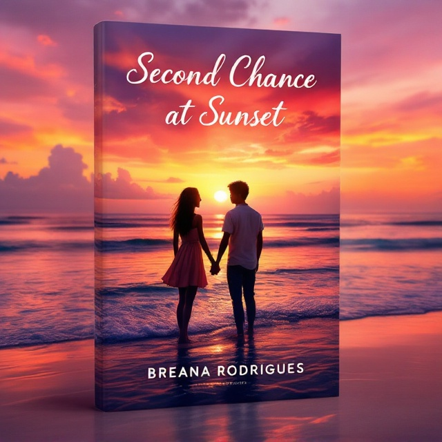 The cover features a vibrant and warm beach sunset with hues of orange, pink, and purple dominating the sky and reflecting on the ocean. Silhouetted against this backdrop are a teenage girl and boy standing at the water's edge, lovingly holding hands. The waves gently lap at their feet, adding a sense of movement and life to the scene.