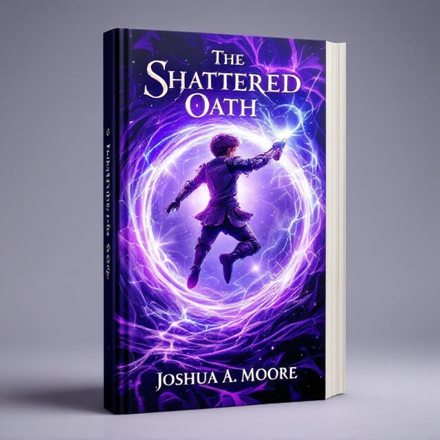 The cover features a dynamic scene with a young boy, slightly to the left, wearing torn medieval armor. He is captured mid-air, leaping through an iridescent portal set against a backdrop of swirling purple hues. The portal itself is an entrancing mix of ethereal blues and purples, hinting at time's fluidity, connecting a shadowy medieval landscape on one side with a more futuristic, neon-lit cityscape on the other. The boy clutches a sleek, futuristic portal gun, with beams of light spiraling from it, adding a sense of urgency and movement.