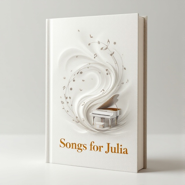A serene and elegant design featuring an abstract grand piano in soft white hues. The piano seems to emerge from wisps of musical notes that swirl around, creating a sense of harmony and movement. The background is subtly textured to evoke a sense of gentle elegance.