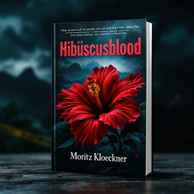 A dark, shadowy scene with a prominent hibiscus flower drenched in vivid, blood-red hues. Behind the flower is a faint silhouette of the Hawaiian islands in the backdrop, shrouded in mist and partially obscured by black, ominous clouds. Subtle imagery of crime scene tape and faint outlines of a detective's shadow are integrated into the background to add to the mystery.