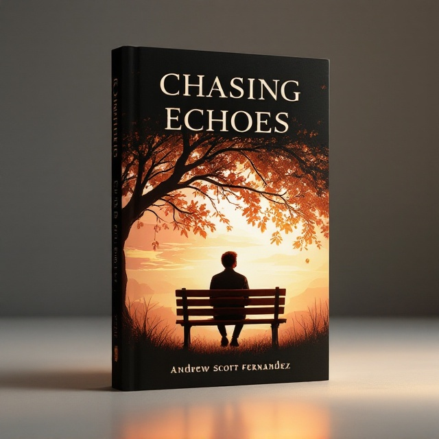 A solitary, charming illustration of a young man sitting pensively on a wooden bench under a sprawling tree, the leaves catching the light of a resplendent golden sunset. The background transitions into a gradient of warm hues—orange, pink, and amber—enveloping the scene in a magical glow. Shadows are softly cast on the ground, adding depth and mystery. The black primary color frames the cover, making the illustration emerge compellingly.