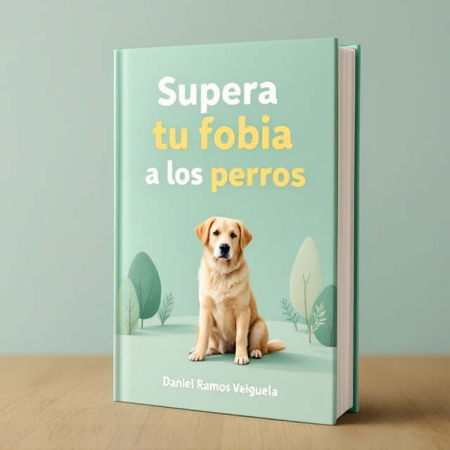 The cover features a soft mint green background that evokes a sense of calm and tranquility. At the center, there is an illustration of a serene, friendly dog sitting gracefully. The dog is positioned slightly to the right of the center to create visual balance, and a few subtle silhouettes of trees in a lighter shade of mint add depth to the background, enhancing the calming effect. The scene is serene, and the dog appears approachable, symbolizing the reader's journey from fear to peace.