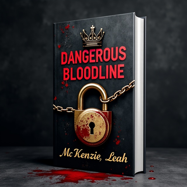 A dark, shadowy background with a black crown positioned in the upper center. Chains drape diagonally across the cover, partially over a large padlock that's clubbed in blood. Subtle gold accents gleam from the crown and chains, adding depth. Splatters of blood are artistically spread across the cover, hinting at mystery.