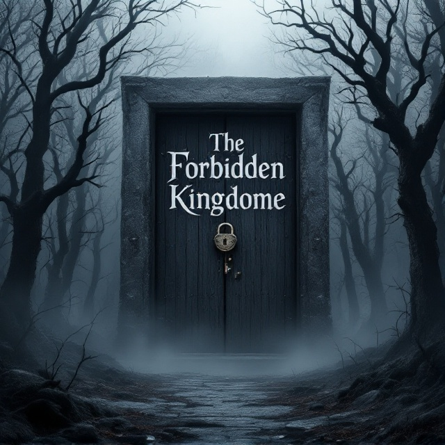 The cover presents a haunting dead forest with twisted, barren trees in the foreground, enveloped in a shroud of mist. A large, imposing Kingdome door stands ominously in the center, half-hidden by fog, with an ancient lock prominently displayed. The overall look is mysterious and foreboding, with shadows playing across the texture of the door, enhancing the eerie atmosphere. The palette is dominated by various shades of gray, creating a desolate yet compelling landscape.