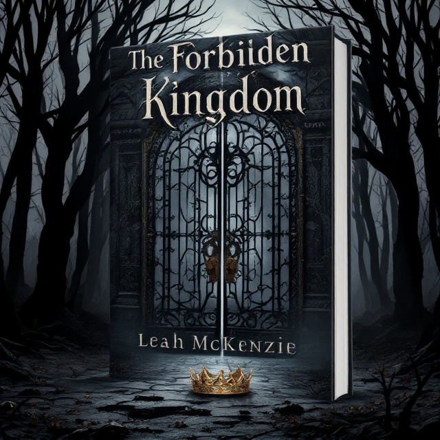 A dark, foreboding gray forest envelops the cover, with silhouettes of twisted, barren trees creating a mysterious and eerie atmosphere. In the foreground stands a grand, intricate gate adorned with a rusted lock, partially obscuring a shadowy glimpse of an imposing kingdom beyond. A solitary crown lies abandoned on the ground near the gate, hinting at lost power and intrigue.