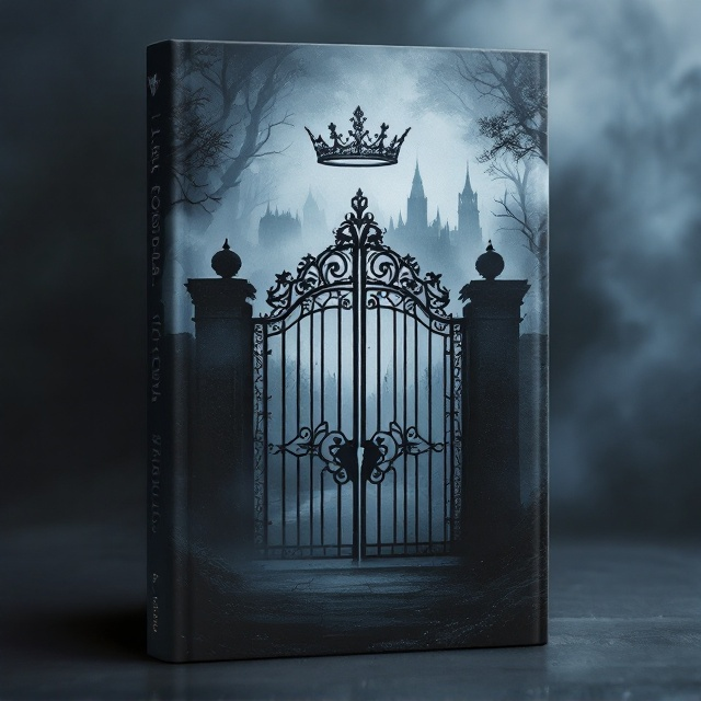 The cover features a foreboding gray forest shrouded in mist, with dark shadows forming an eerie atmosphere. In the center, a massive, intricately designed gate with a prominent lock stands before an outline of a kingdom partially veiled in haze. Above the gate, a slightly skewed crown hangs unnaturally, hinting at mystery and danger. The crown's minimalist design in silver and black adds to the dystopian feel.