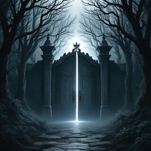 A dimly lit, gray-toned forest with gnarled trees envelops the scene, leading towards a faint silhouette of a majestic yet ominous kingdom. A large, ancient gate door stands at the center, slightly ajar, revealing just a hint of light from within, drawing the eye inward. Above the gate, a faded crown symbol can just be discerned, hinting at a once-powerful monarchy now shrouded in mystery. The overall ambiance is eerie and enigmatic, evoking a sense of foreboding and curiosity.