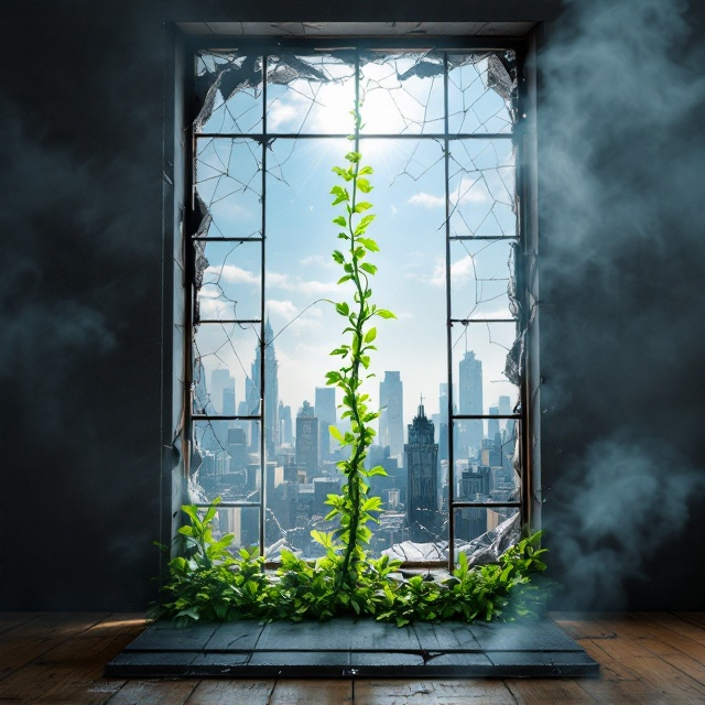 A large window occupies the center of the cover, showcasing a dystopian skyline marked by a blend of crumbling structures and rising skyscrapers that suggest transformation. The window's glass is artistically shattered, with sunlight streaming through the cracks, illuminating a single green vine that winds through the center. Smoke frames the window, adding a haze that contrasts with the blue sky peeking through, adding a sense of hope and rebirth.