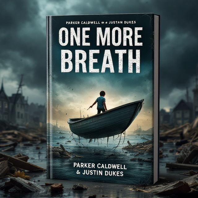 The cover features a dramatic and gripping scene of a young boy perched precariously on an upside-down boat, floating through a devastated town submerged in water. Debris and pieces of broken wood drift around him, evoking a sense of chaos and destruction. The sky is painted with dark, ominous storm clouds, adding to the intense and foreboding atmosphere of the scene.