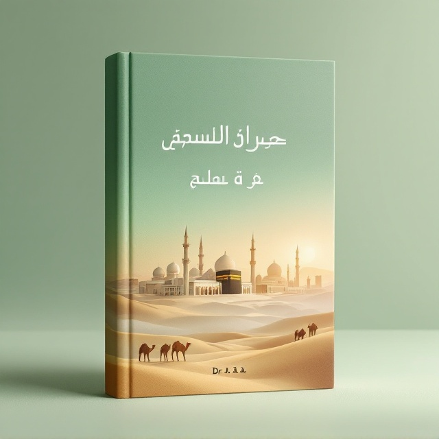 The cover features a serene desert landscape with a gentle palette that includes soft sandy hues. In the foreground, there are gracefully depicted camels, symbolizing the historical journey. The iconic structures of the Kaaba and the Prophet's Mosque are harmoniously integrated into the background, both basked in a soft, early morning light. Layered behind these elements, a wash of light green provides a calming backdrop symbolizing the sacredness of the text.