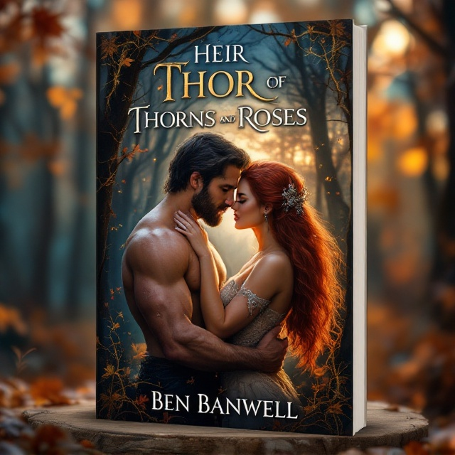 The cover depicts an ethereal autumn forest under the gentle glow of twilight moonlight. In the center, a burly, dark brown-haired human man passionately embraces and kisses a curvy, red-headed high fae princess. Her wooden tiara, intricately inlaid with smoky quartz, glints subtly. The edges of the cover are elegantly framed by delicate, thorny rose vines that weave and entangle the scene, adding a touch of mystery and romance.