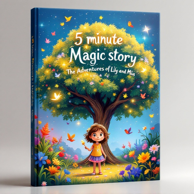 The cover features a whimsical garden setting with a large, vibrant tree prominently placed at the center. Behind the tree, the sky is depicted as a twilight gradient swirling with starry constellations. Lily, a little girl with a curious expression, is standing under the tree holding a shimmering, golden paintbrush. In the air around her, colorful flowers and birds drawn in a magical animation style come to life, radiating a subtle glow.