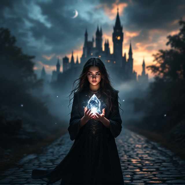 A Latina girl stands powerfully in the foreground, her gaze filled with wonder and mystery. She holds a radiant black crystal that glows with an ethereal light. Behind her, a majestic castle-school towers into a magical dusk sky, half-hidden by swirling mist and arcane symbols. The castle-school's silhouette is faintly illuminated by beams of the fading sun, hinting at hidden secrets within its halls. Shadows play around the crystal, casting intriguing patterns on the girl's attire and the cobbled path leading to the castle.