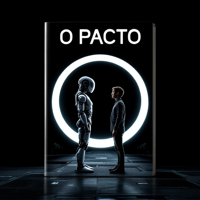 A boldly contrasting scene of a human character facing a realistic robot, set against a stark black background. The robot is crafted with metallic and synthetic textures, standing in a semi-circle of light, indications of futuristic architecture loom in shadows behind them. Environmental elements like trees or distant cityscapes subtly blend in the background, creating a balance between nature and technology. The lighting highlights the robô and humano, casting reflections on the ground that almost merge, representing the interconnected fate of humans and AI.
