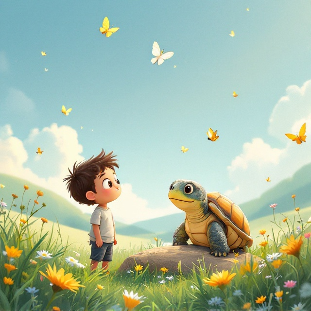 Lumi stands in the foreground, his large expressive eyes wide with wonder as he gazes up at a wise turtle sitting comfortably on a small rock. The turtle’s face is warm and inviting, with the meadow stretching out behind them. Butterflies flit around the pair, while a few birds soar against the blue sky. The grass sways gently in the wind, and wildflowers dot the landscape. A soft hill rises in the background, adding depth to the scene.