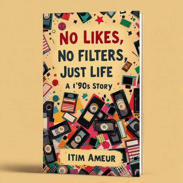 An assortment of colorful VHS tapes scattered across the cover, layered with a subtle grunge texture. Around the tapes, vibrant 90s-style patterns add a playful and dynamic element. The background features a faded, warm-toned color to evoke nostalgia.