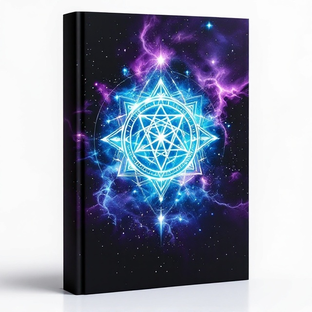 A mysterious, cosmic background with swirling galaxies and nebulae in deep purples and blues. A central, illuminated ancient symbol, possibly with intricate geometric patterns, glows with an otherworldly light. Surrounding this symbol are faint silhouettes of enigmatic extraterrestrial figures, suggesting an ancient and powerful presence. The corners are softened with a subtle vignette to focus the viewer's attention on the central elements.