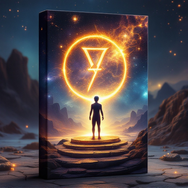The cover features an otherworldly landscape with a glowing extraterrestrial figure standing on an ancient, stone-paved platform. Around the figure, swirling galaxies and symbols reminiscent of ancient wisdom hover in a luminous aura. The color palette consists of deep cosmic blues, interstellar purples, and blazing golds to evoke a sense of timeless power and mystique.
