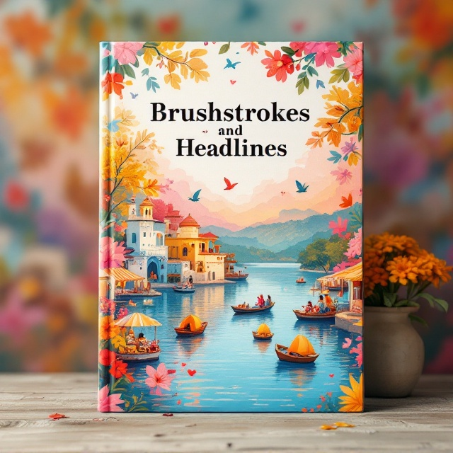 The cover features a vibrant mural as the background, filled with colorful brushstrokes depicting scenes of love and joy. In the foreground, there are subtle illustrations of Lake Pichola with boats gently floating, capturing a romantic ambiance. Art festival elements like stalls and articles float around, emphasizing a lively atmosphere. The overall visual style is whimsical and uplifting, conveying a sense of artistic celebration and romance.