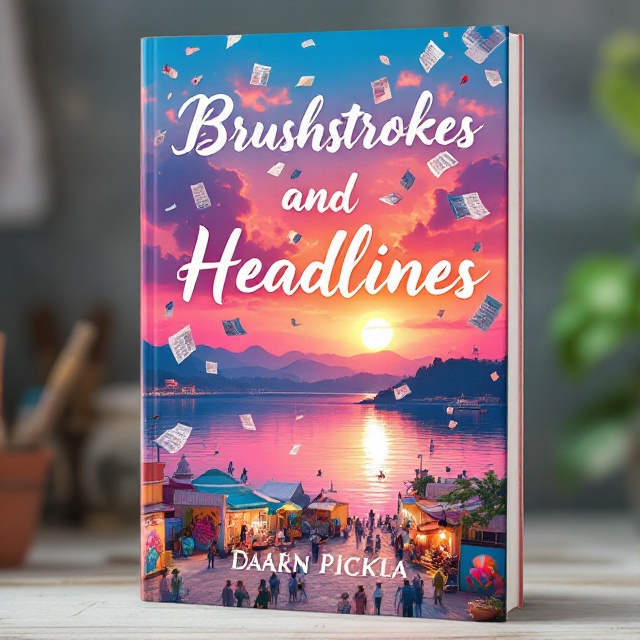 A vibrant and colorful cover featuring a picturesque view of Lake Pichola at sunset, with its waters reflecting hues of pink and orange. The foreground showcases a lively art festival with stalls lining the shoreline. Artistic murals decorate the stalls, and floating articles from a newspaper create a whimsical pattern across the sky.