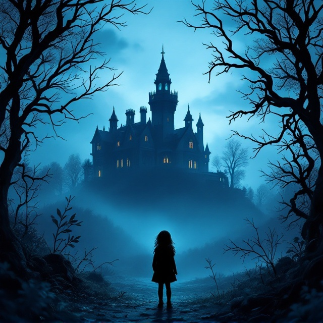 A shadowy, imposing mansion sits atop a hill, slightly veiled by mist. In the foreground, a silhouette of a curious and adventurous young girl stands with her back to the viewer, gazing up at the mansion. The ambiance is set with a deep blue color palette, suggesting twilight or the blue hour. Eerie, twisted trees frame the image, enhancing the mansion's mysterious allure.