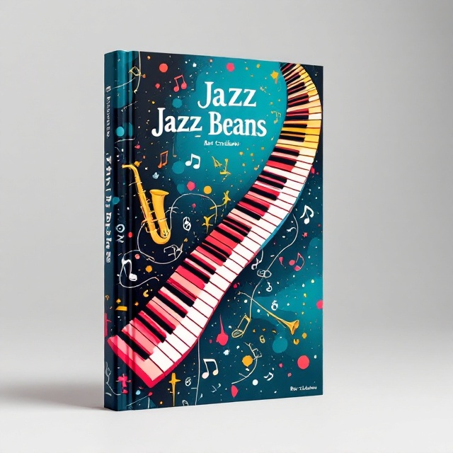 standing book mockup, Its title is "Jazz Beans". Its author name is Ben Crosland.  A vibrant, vector-based illustration of a piano keyboard where each key is a different shade of red, creating a gradient effect. The keys are shown in a dynamic swoop up the cover, suggesting movement and rhythm. In the background, subtle outlines of musical notes and jazz instruments like trumpets and saxophones intertwine, adding depth. Splashes of white and contrasting vibrant colors like blues and yellows are artfully scattered to evoke a sense of creativity and fun. A bold, playful sans-serif font for the title "Jazz Beans," styled in a way that suggests musical motifs with slight curves and elongated tails. The author’s name, Ben Crosland, is in a clean, smaller serif font beneath the title, offering balance and readability., The piano keyboard takes center stage, stretching diagonally from the bottom left to the top right. The title "Jazz Beans" is nestled in the top third of the book, with Ben Crosland's name placed neatly below it. The whimsical note and instrument patterns fill the background without overwhelming the central visuals.