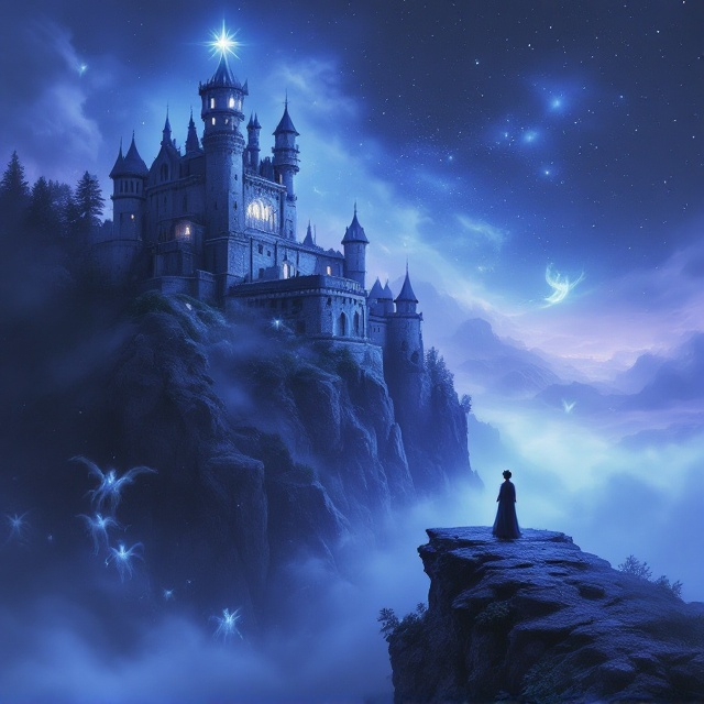 A mystical landscape dominated by a ghostly castle atop a steep cliff under a starry night sky. Soft blue mist swirls around the castle, while ethereal spirits float in the foreground, their forms fading into the lavender-tinted clouds. A lone figure stands at the edge of the cliff, looking toward the castle, with an ornate crown hovering above their head.