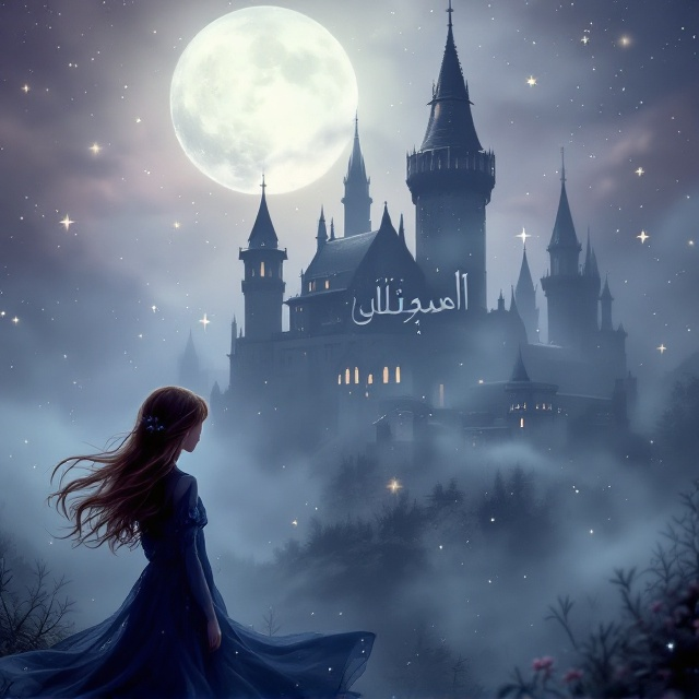 A mysterious castle with towering spires sits under a soft moonlit sky, its silhouette shrouded in gentle mist. In the foreground, a girl with flowing brown hair and a faceless silhouette wears an enchanting dark blue dress. The background merges soft gradients of purple, soft blue, and gray, creating an ethereal atmosphere filled with tiny, sparkling stars. Whimsical swirls suggest magical elements around the girl and castle.
