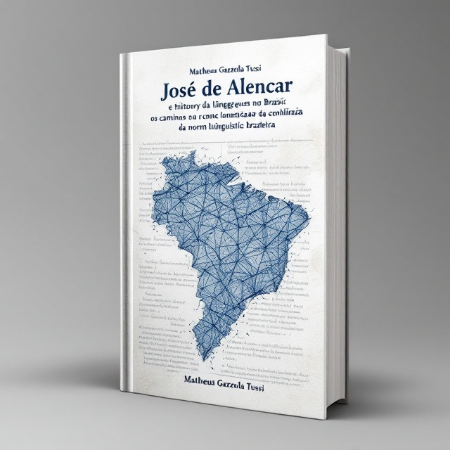 A minimalist design featuring an abstract representation of the map of Brazil, drawn with intricate blue lines and patterns, symbolizing the linguistic roads explored in the essays. In the background, faint excerpts from historical manuscripts in Portuguese can be seen, slightly blurred, creating a sense of depth and history.