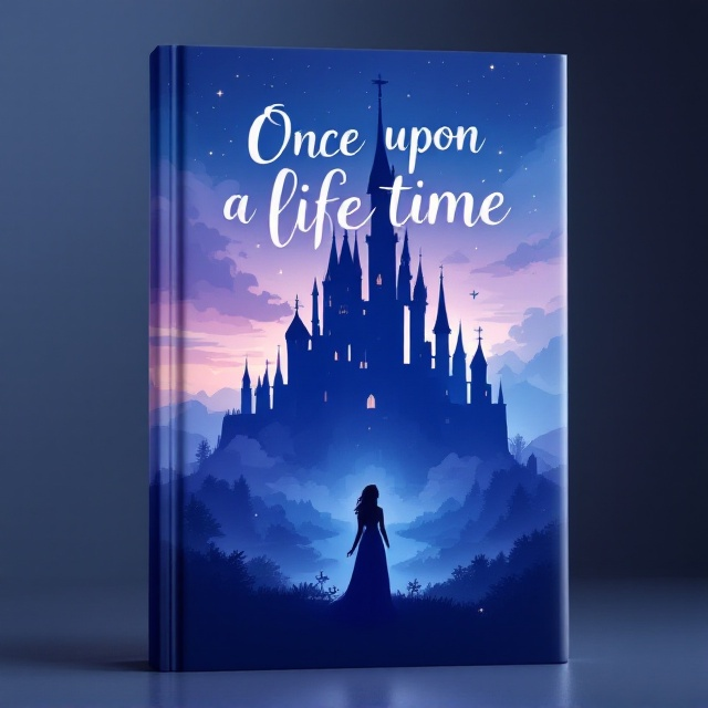 The cover features a stunning silhouette of a castle against a gradient blue background that transitions from deep blue at the top to a gentle lavender near the bottom, suggesting a magical twilight. A silhouette of a princess, bathed in the muted glow of an abstract sunset, stands gracefully in the foreground, gazing at the castle. Clouds tinged with soft pink and yellow hues add to the ethereal beauty. Subtle stars begin to twinkle in the night sky, adding a touch of wonder and magic.