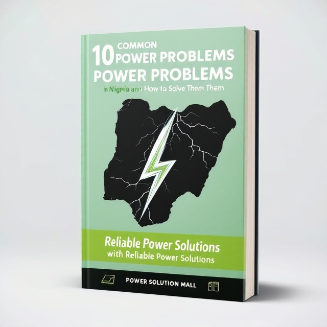 The cover features an abstract illustration of a lightning bolt intersecting a silhouette of Nigeria, symbolizing power solutions. It is set against a light green background, conveying a sense of growth and sustainability. The lower section contains icons of solar panels and batteries, representing alternative energy sources.