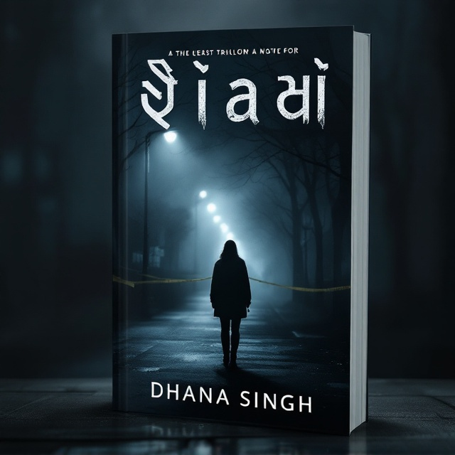 The cover features a foggy midnight street, drenched in shadows, with dim streetlights casting long, eerie silhouettes. A solitary, shadowy figure walks down the center, adding an air of suspense and mystery. In the background, a blurred crime scene with police tape subtly appears, barely visible through the mist. The silhouette of a mysterious woman is cleverly hidden among the shadows.