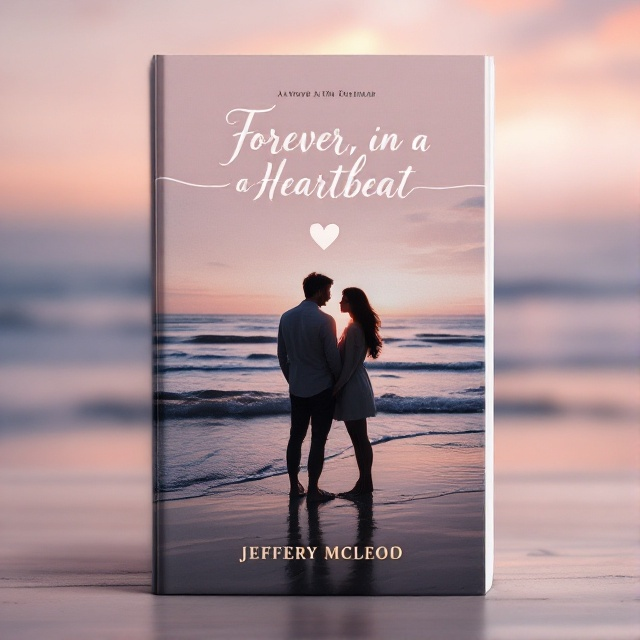 A serene seaside setting at dusk, with a couple embracing gently on the shore. The sky is painted in soft hues of pink and orange. A faint outline of a heart is subtly integrated into the wave patterns. The scene has a slightly blurred finish giving it a nostalgic touch.