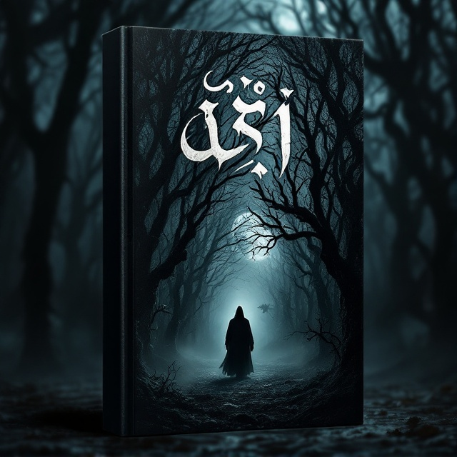 A dark, shadowy forest dominates the background, with gnarled, twisted trees reaching toward the sky. A faint, eerie mist swirls around the base of the trees, and in the center is a solitary figure cloaked in silhouette, giving a sense of mystery and intrigue. Moonlight seeps through the branches creating an eerie glow, and a subtle dragon's silhouette is hidden amongst the tree branches for a fantasy element. The overall atmosphere conveys a sense of fear and the unknown.